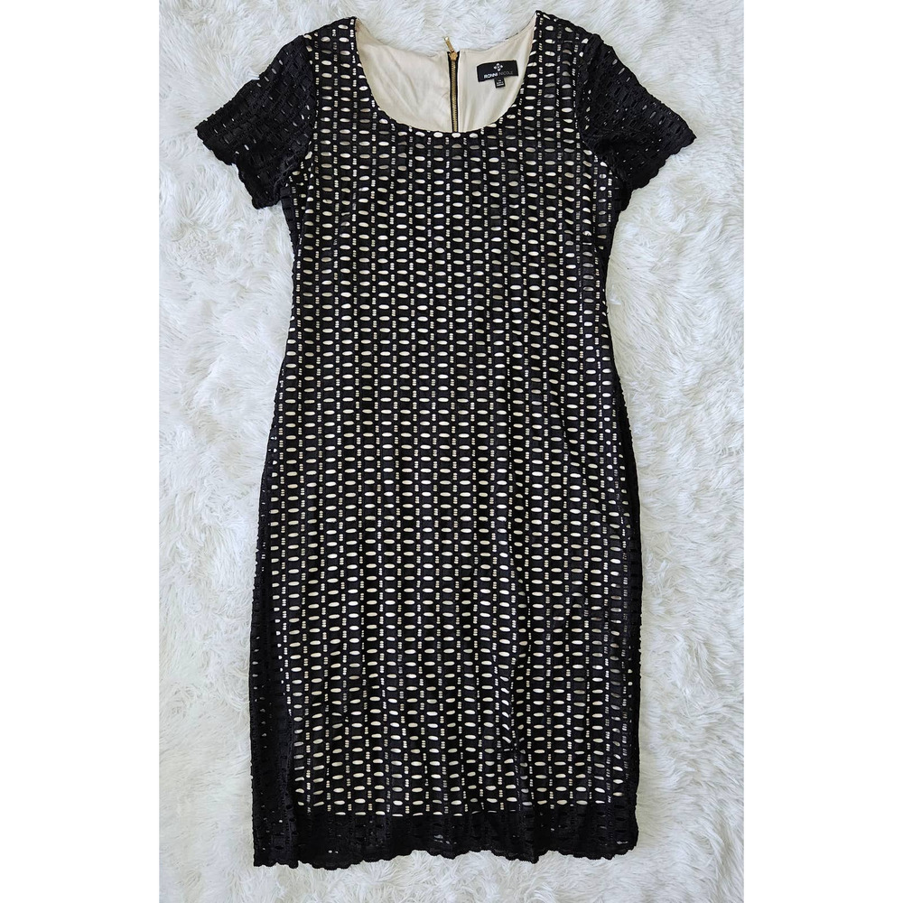 Ronni Nicole Womens Black Eyelet Lace Sheath Chic Midi Dress Gold Back Zip Sz 14